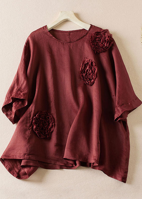 Loose Wine Red O-neck Rose Linen T Shirt Top Summer