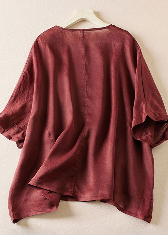 Loose Wine Red O-neck Rose Linen T Shirt Top Summer