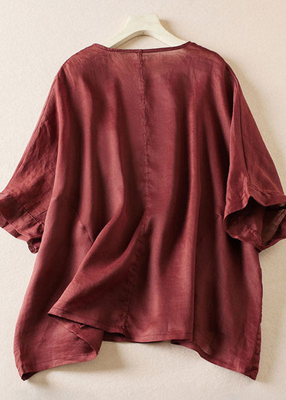 Loose Wine Red O-neck Rose Linen T Shirt Top Summer