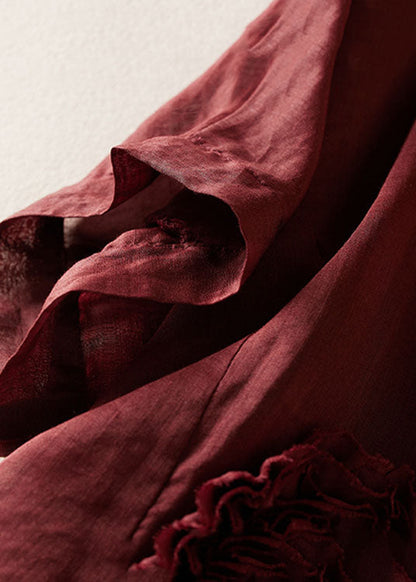 Loose Wine Red O-neck Rose Linen T Shirt Top Summer