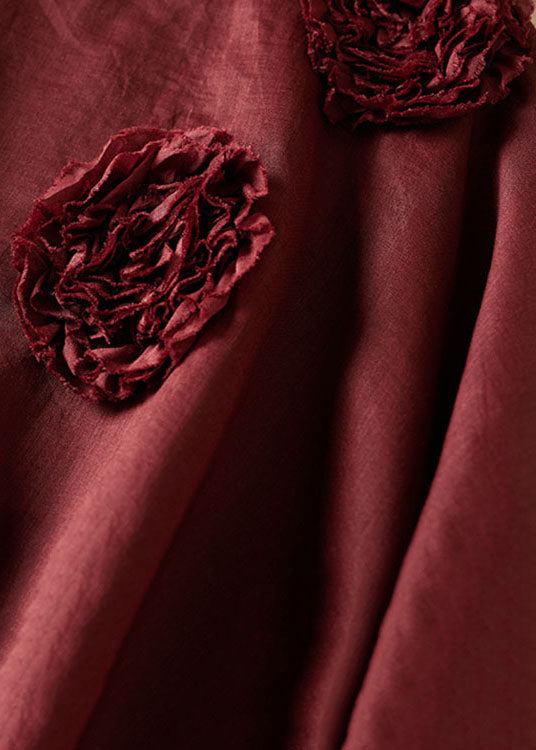 Loose Wine Red O-neck Rose Linen T Shirt Top Summer