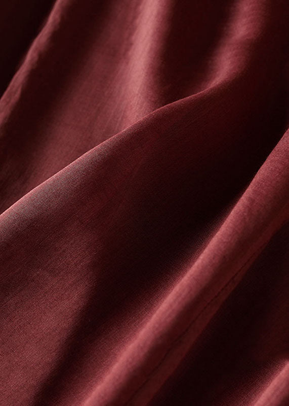Loose Wine Red O-neck Rose Linen T Shirt Top Summer