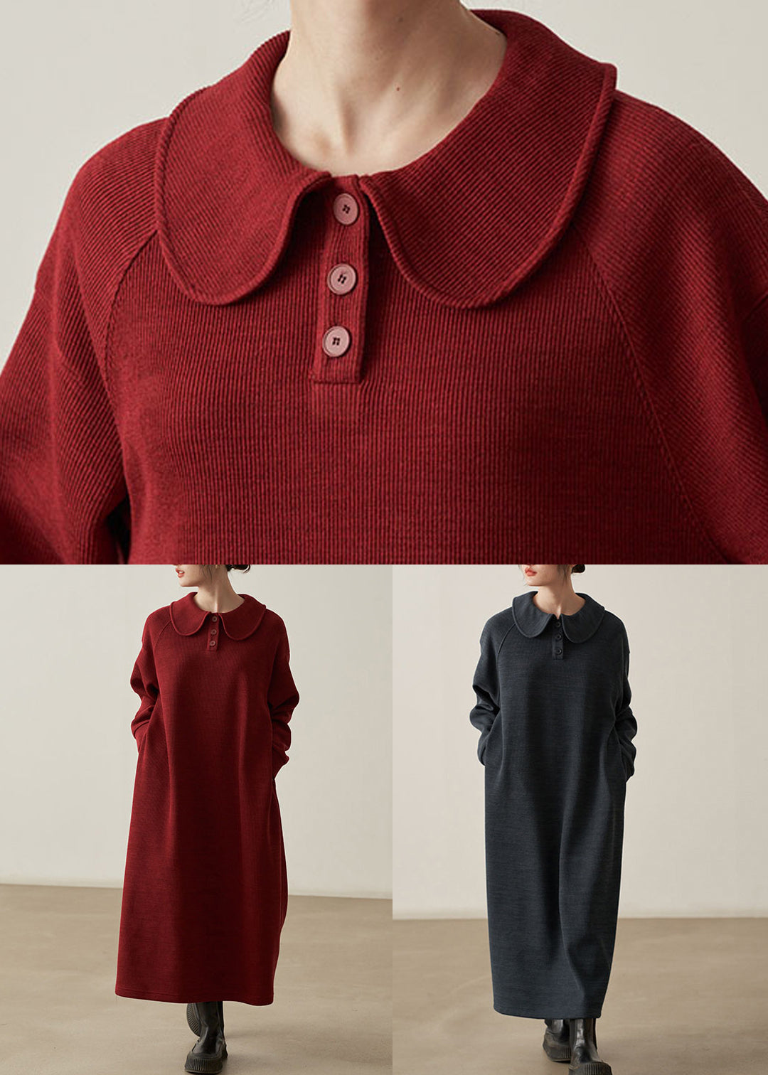 Loose Wine Red Pockets Cozy Cotton Knit Long Dresses Fall