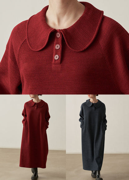 Loose Wine Red Pockets Cozy Cotton Knit Long Dresses Fall