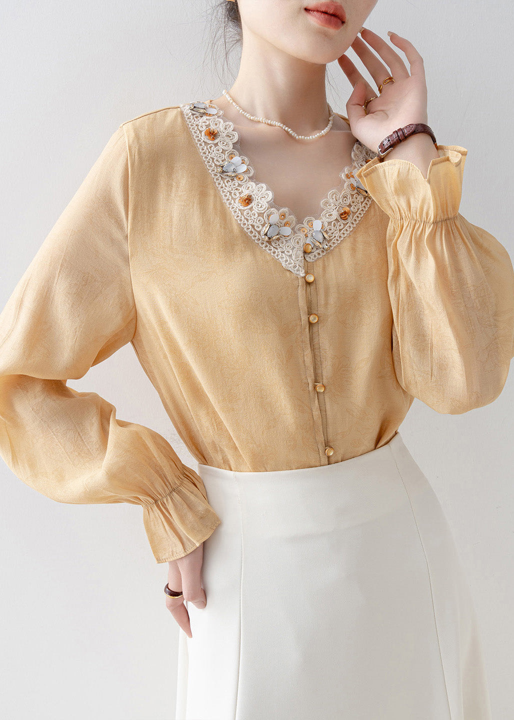 Loose Yellow Embroidered Patchwork Chiffon Blouse Tops Flare Sleeve