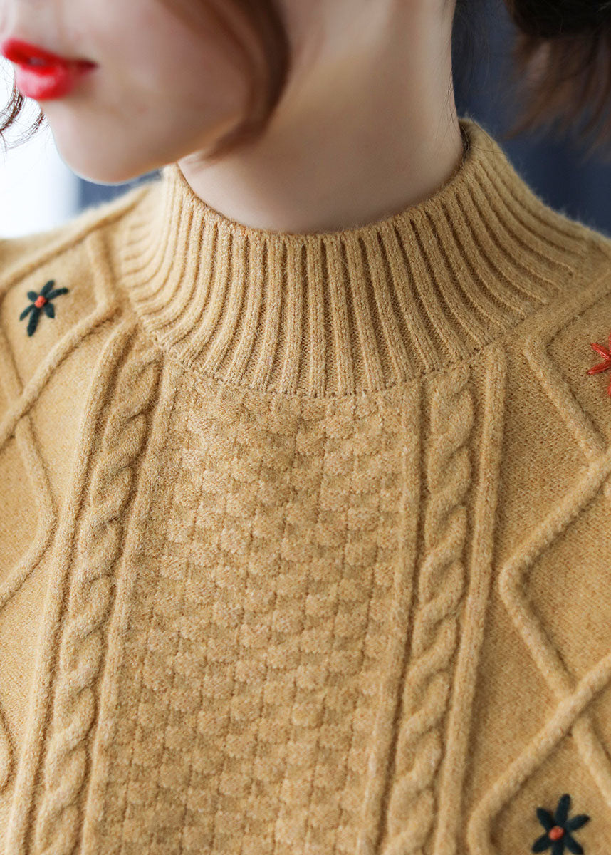 Loose Yellow Embroideried Knit Sweaters Winter