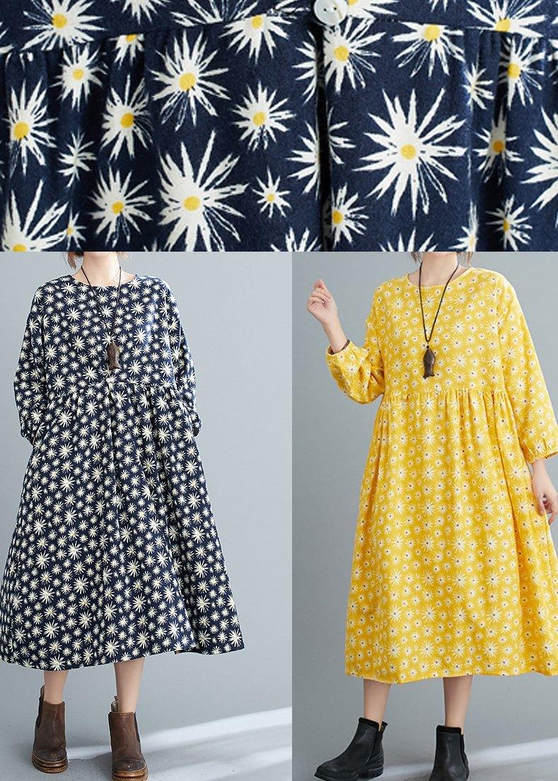 Loose Yellow O Neck Cinched Art Spring Dresses