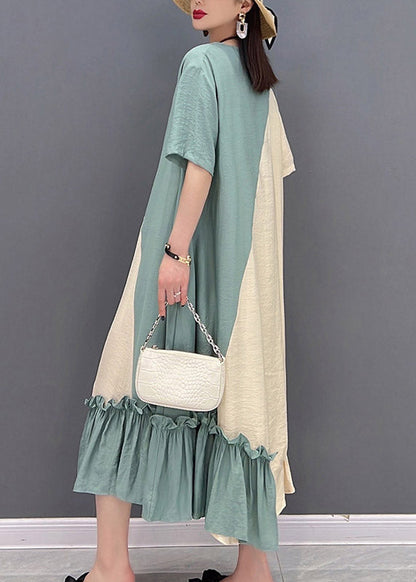 Loose Yellow Green O-neck Patchwork Ruffled Long Dress Short Sleeve