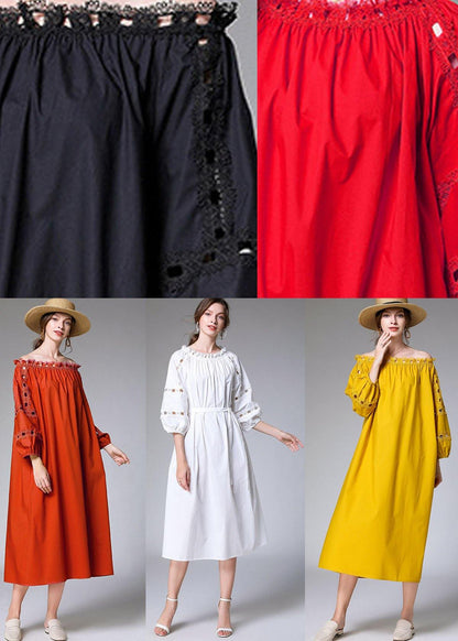 Loose Yellow Hollow Out Embroideried Fall Cotton Half Sleeve Dress