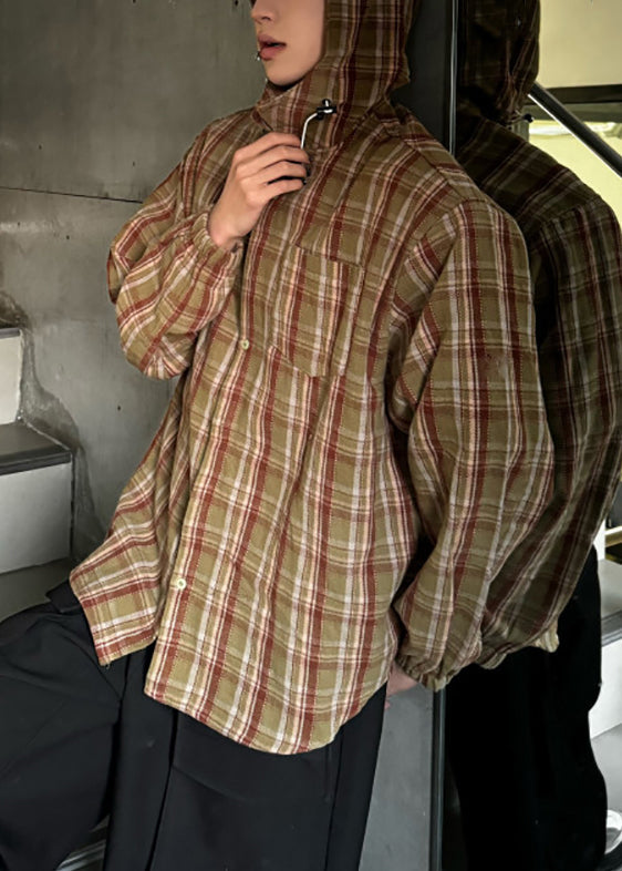 Loose Yellow Hooded Plaid Cotton Shirts Spring