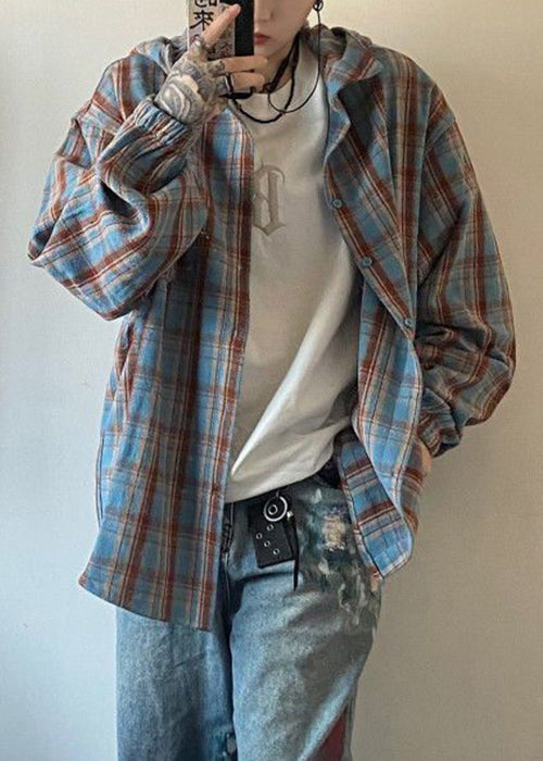 Loose Yellow Hooded Plaid Cotton Shirts Spring