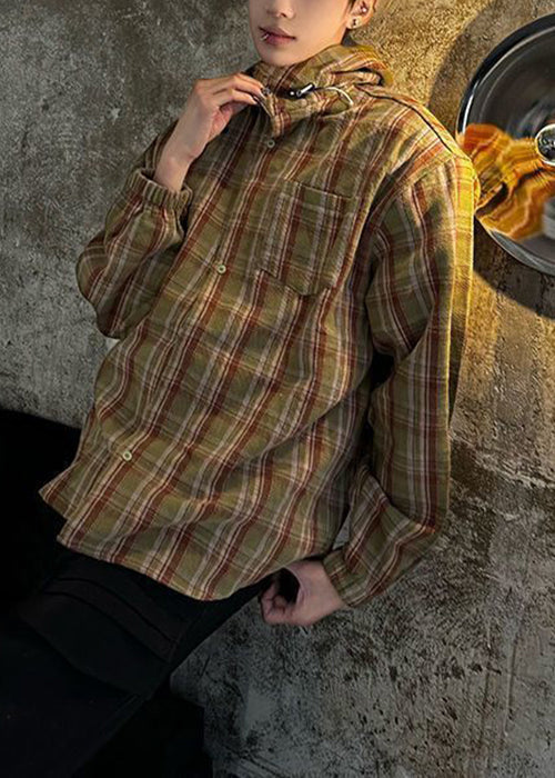 Loose Yellow Hooded Plaid Cotton Shirts Spring