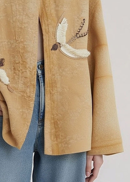 Loose Yellow O Neck Embroidered Cotton Coats Fall
