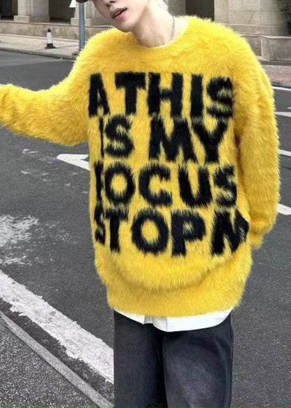 Loose Yellow O Neck Letter Mink Hair Knitted Sweaters Winter