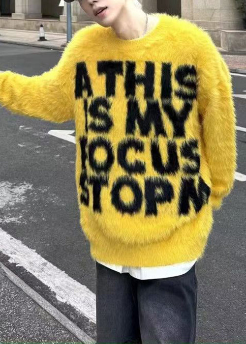 Loose Yellow O Neck Letter Mink Hair Knitted Sweaters Winter