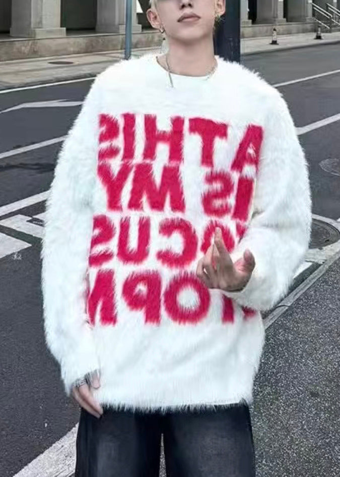 Loose Yellow O Neck Letter Mink Hair Knitted Sweaters Winter