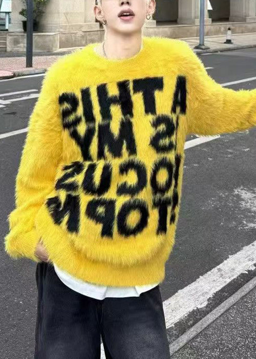 Loose Yellow O Neck Letter Mink Hair Knitted Sweaters Winter