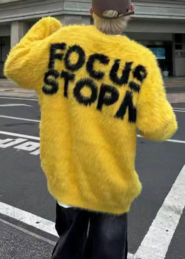 Loose Yellow O Neck Letter Mink Hair Knitted Sweaters Winter