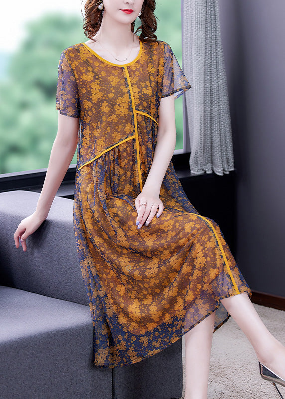 Loose Yellow O-neck Patchwork Print Tulle Maxi Dresses Short Sleeve