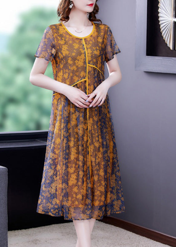Loose Yellow O-neck Patchwork Print Tulle Maxi Dresses Short Sleeve