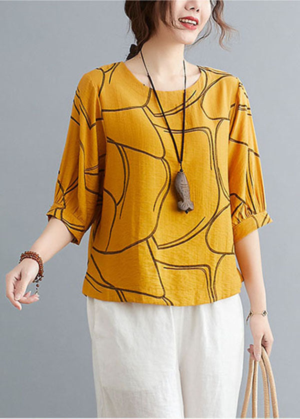 Loose Yellow O-neck Print Cotton Tank Tops Batwing Sleeve