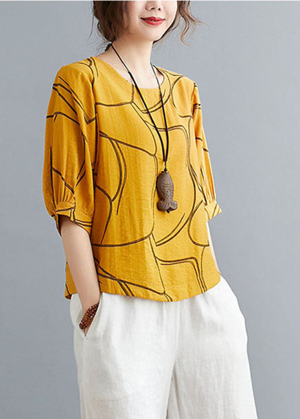 Loose Yellow O-neck Print Cotton Tank Tops Batwing Sleeve
