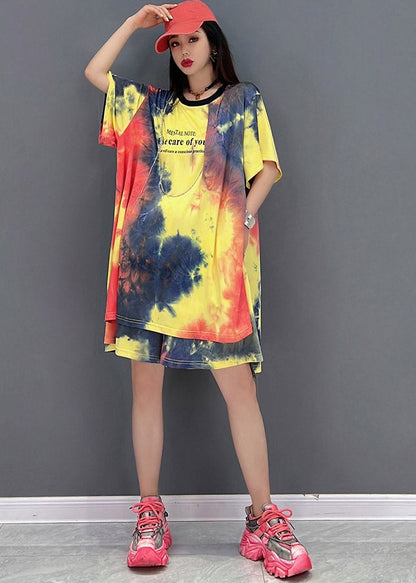 Loose Yellow O-neck Print Top and Shorts Silk Two Pieces Set Summer