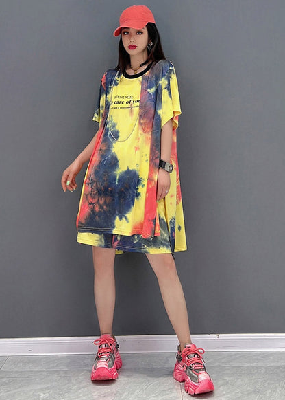 Loose Yellow O-neck Print Top and Shorts Silk Two Pieces Set Summer