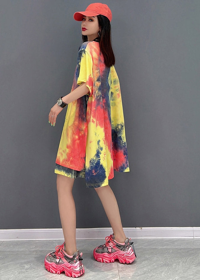 Loose Yellow O-neck Print Top and Shorts Silk Two Pieces Set Summer