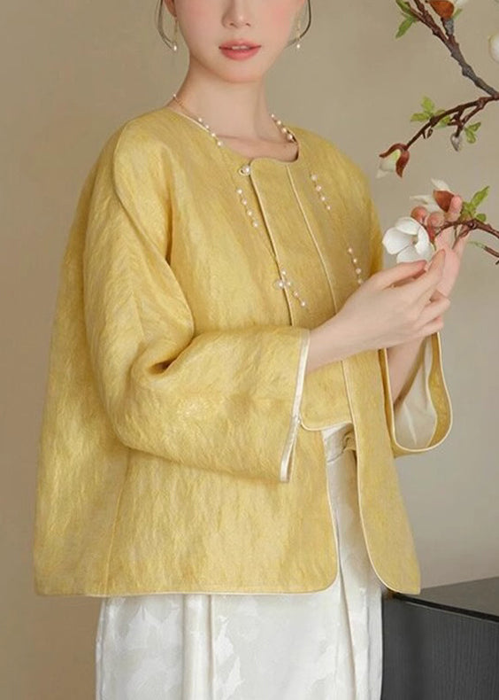 Loose Yellow O-neck Button Silk Coats Spring
