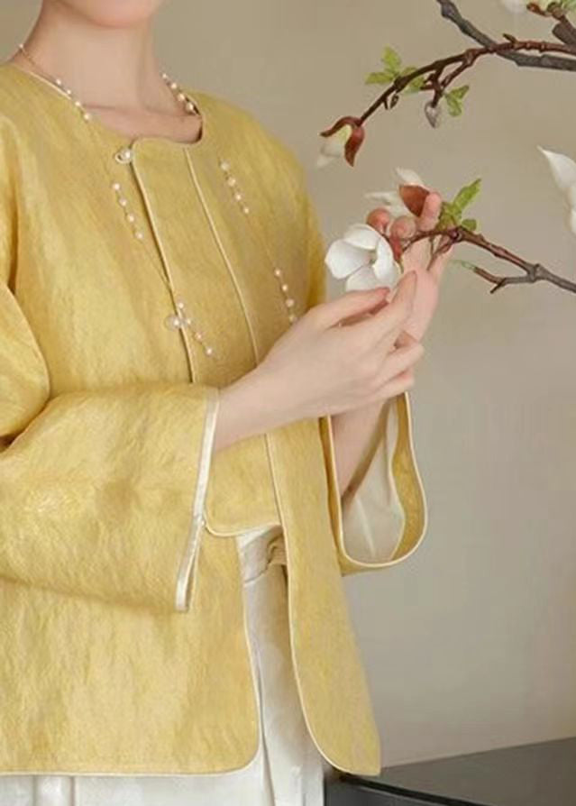 Loose Yellow O-neck Button Silk Coats Spring