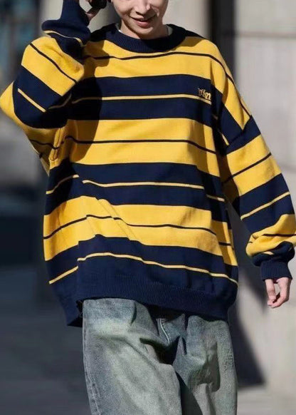 Loose Yellow O Neck Striped Knit Sweaters Winter