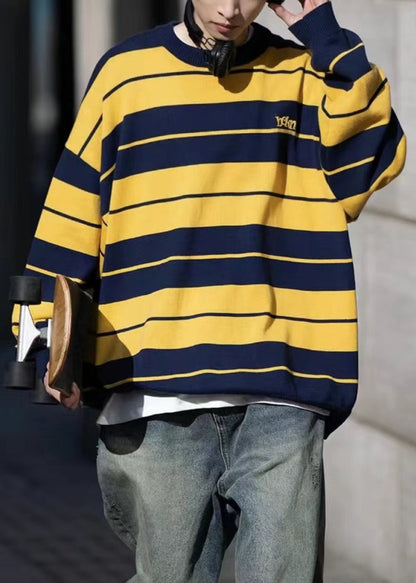 Loose Yellow O Neck Striped Knit Sweaters Winter
