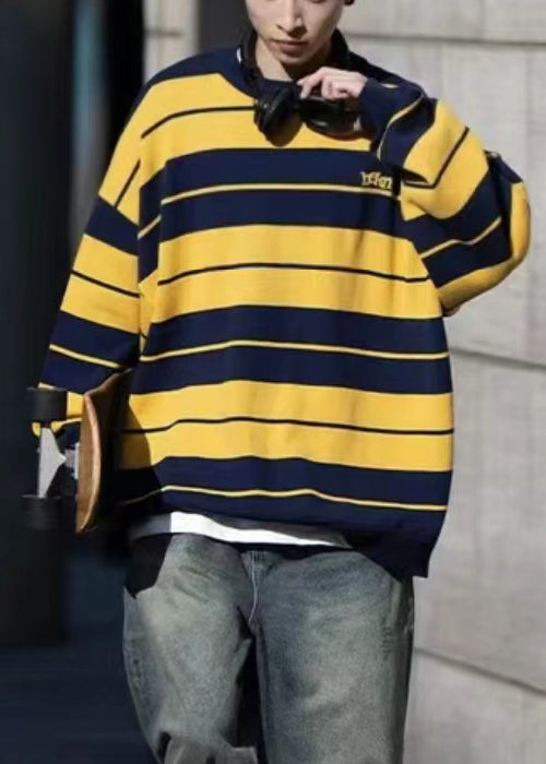 Loose Yellow O Neck Striped Knit Sweaters Winter