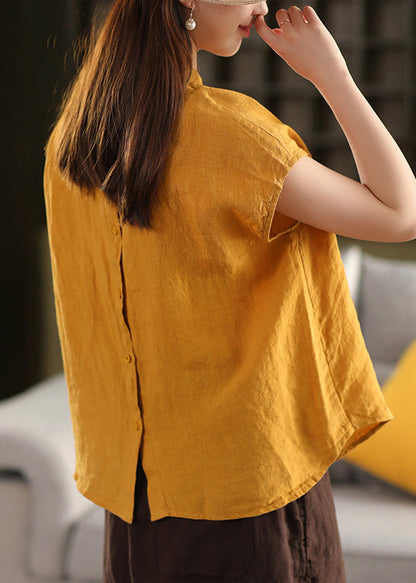 Loose Yellow Peter Pan Collar Button Linen Shirt Summer