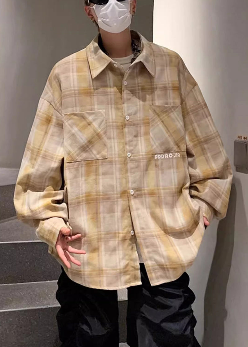 Loose Yellow Peter Pan Collar Plaid Pockets Cotton Shirt Spring