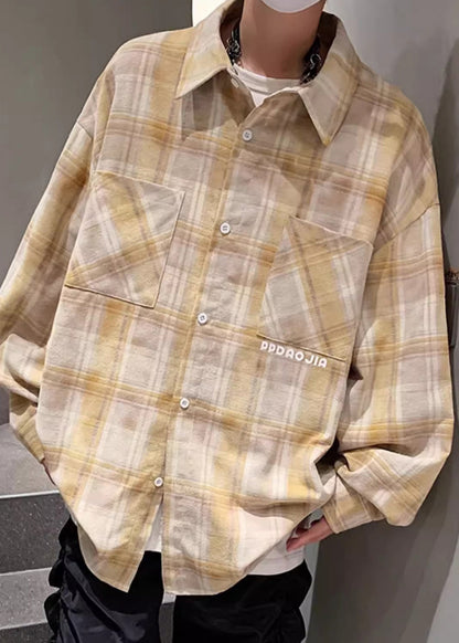 Loose Yellow Peter Pan Collar Plaid Pockets Cotton Shirt Men Spring
