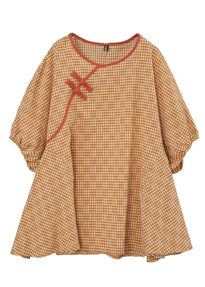 Loose Yellow Plaid Oriental Cotton Summer Tops