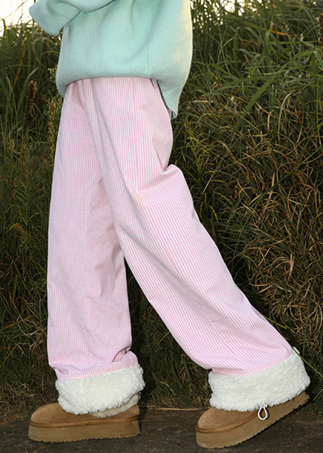 Loose Yellow Pockets Drawstring Warm Fleece Pants Winter