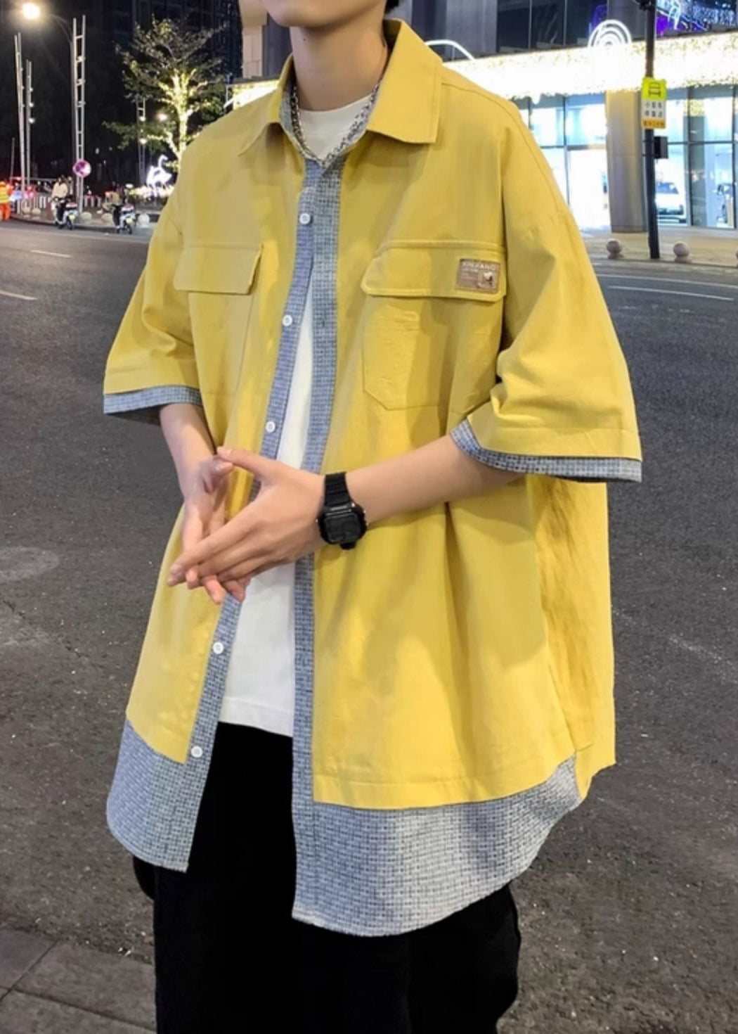 Loose Yellow Pockets Patchwork False Two Pieces Cotton Shirts Half Sleeve
