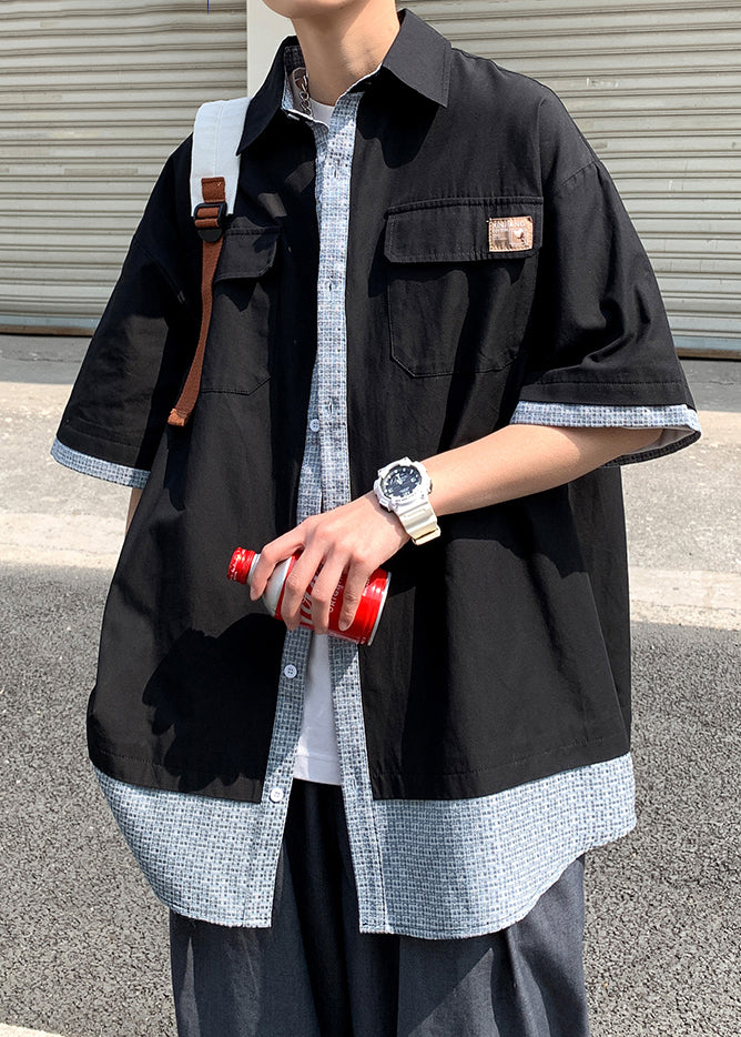 Loose Yellow Pockets Patchwork False Two Pieces Cotton Shirts Half Sleeve