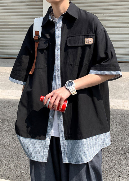 Loose Yellow Pockets Patchwork False Two Pieces Cotton Shirts Half Sleeve