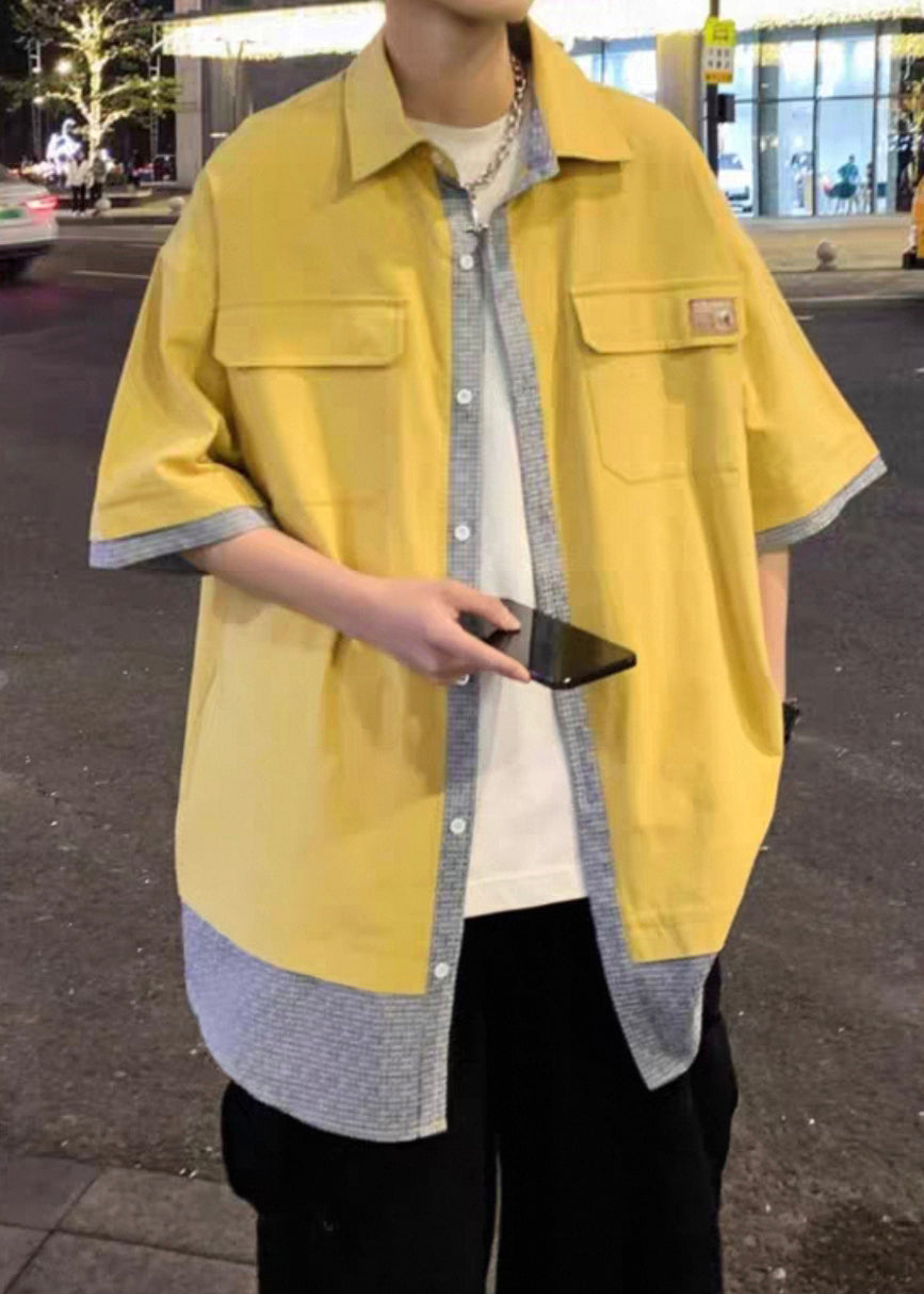 Loose Yellow Pockets Patchwork False Two Pieces Cotton Shirts Half Sleeve