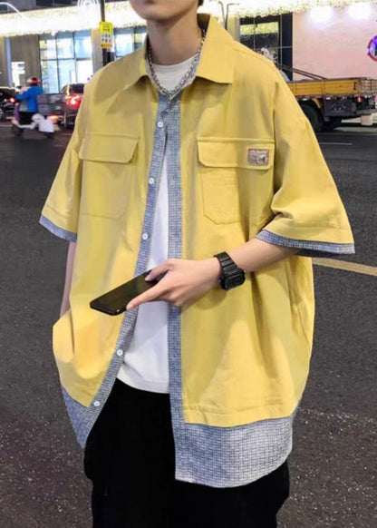 Loose Yellow Pockets Patchwork False Two Pieces Cotton Shirts Half Sleeve