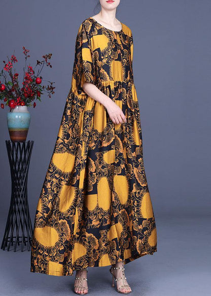 Loose Yellow Print Silk Loose Ankle Dress Summer