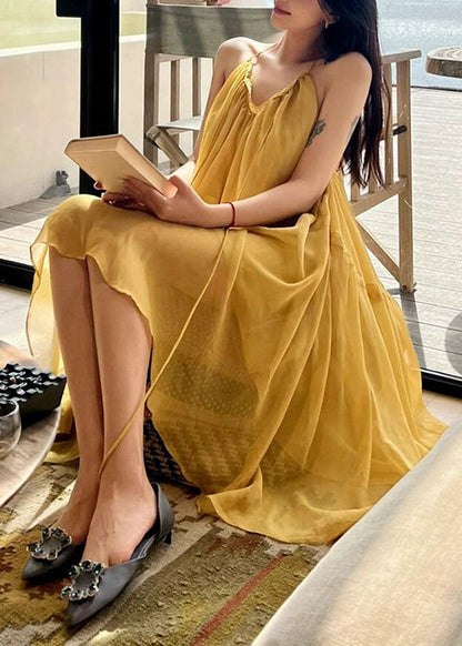 Loose Yellow Slash Neck Chiffon Long Sliop Dresses Summer