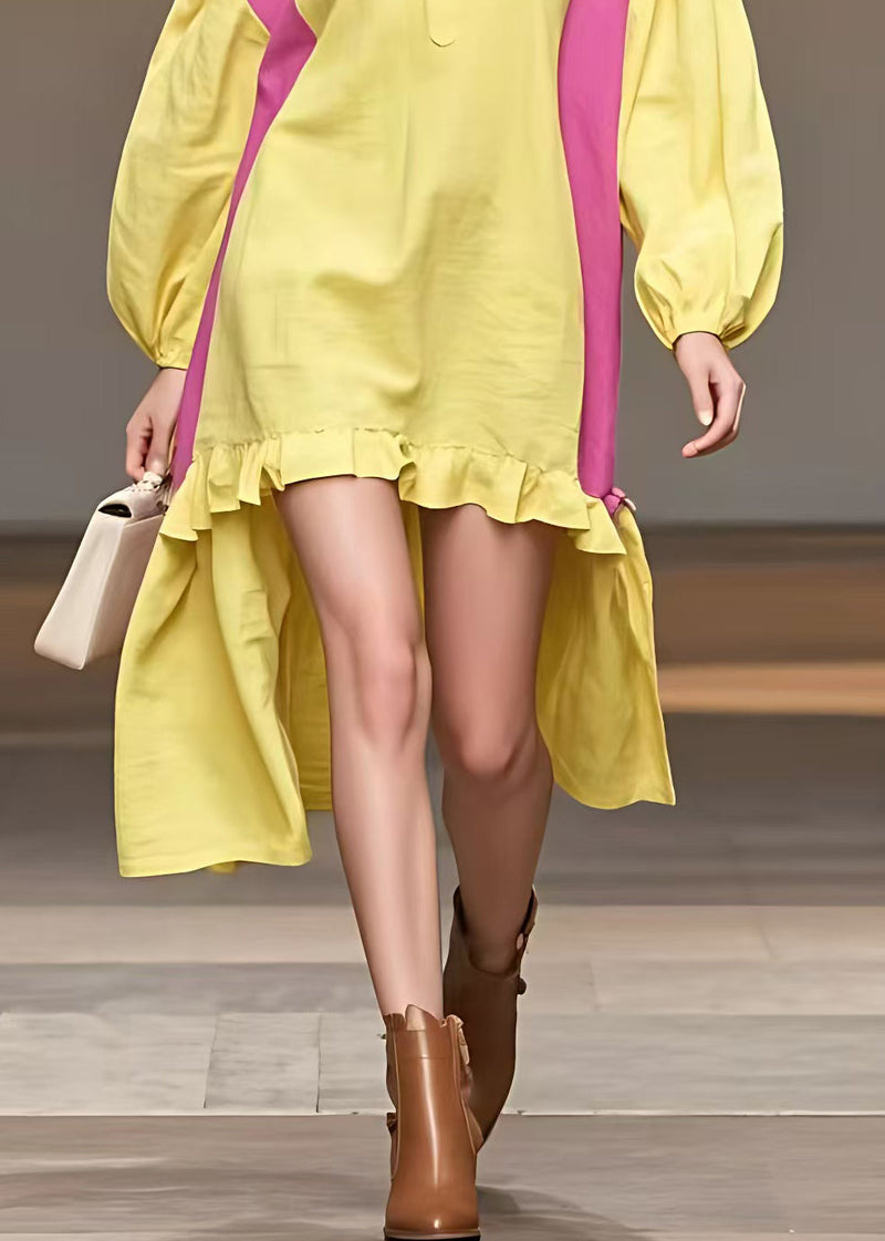 Loose Yellow Turtleneck Low High Design Cotton Dress Fall