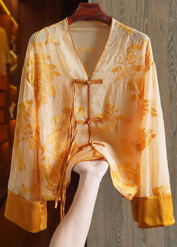 Loose Green Flowers V Neck Embroidered Button Silk Shirts Spring