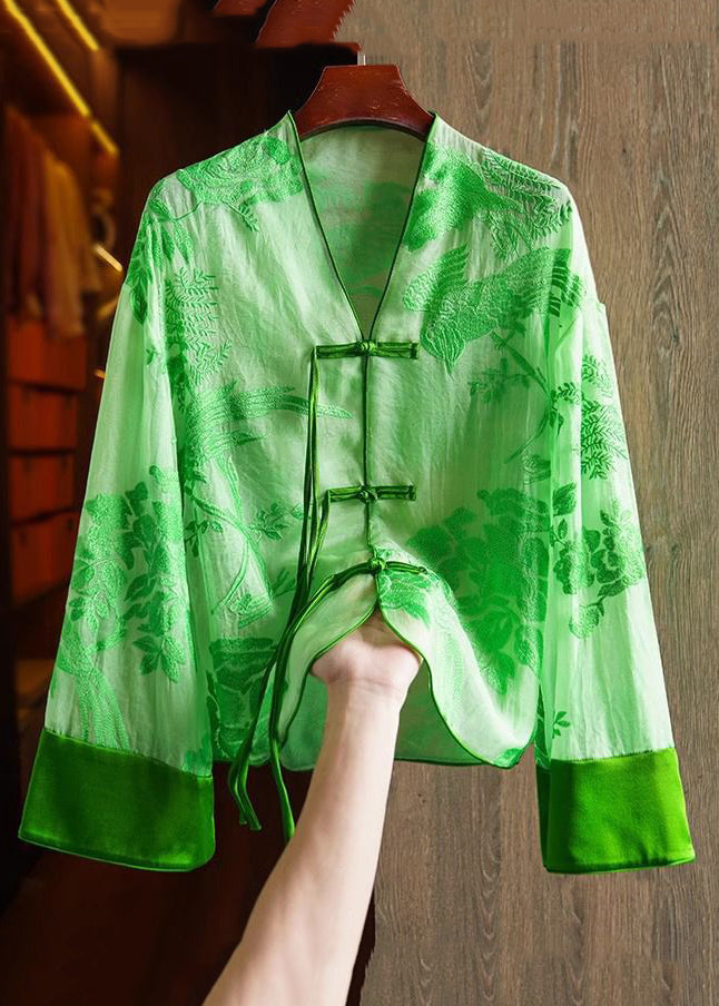 Loose Orange flower V Neck Embroidered Button Silk Shirts Spring