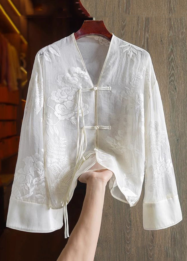 Loose Orange Flower V Neck Embroidered Button Silk Shirts Spring